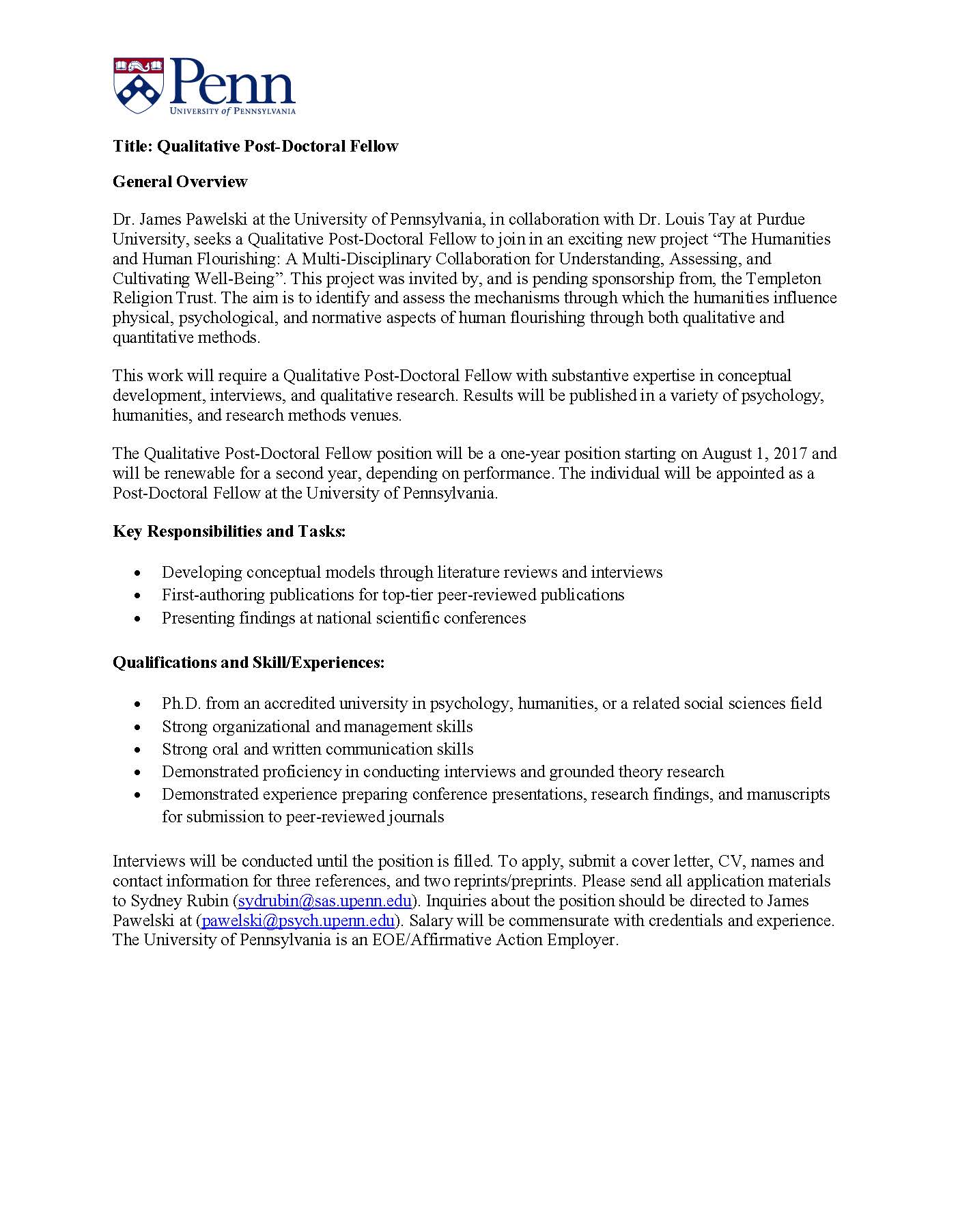 Three Post Doc Opportunities James Pawelski